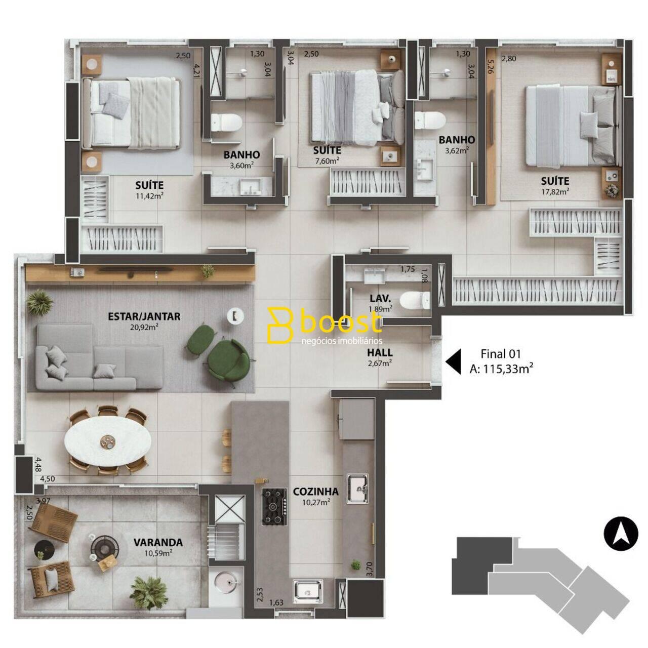 Apartamento com 3 dormitórios à venda, 115 m² por R$ 1.400.000,00 - Gávea - Uberlândia/MG, foto 3